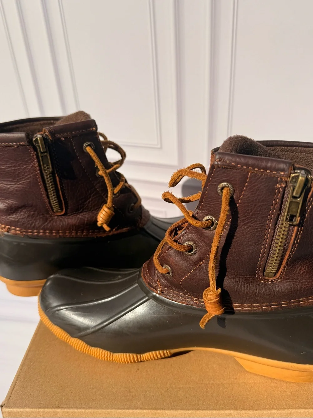Sperry Women’s Two-Tone Brown and Black Duck Boots with Tan Sole